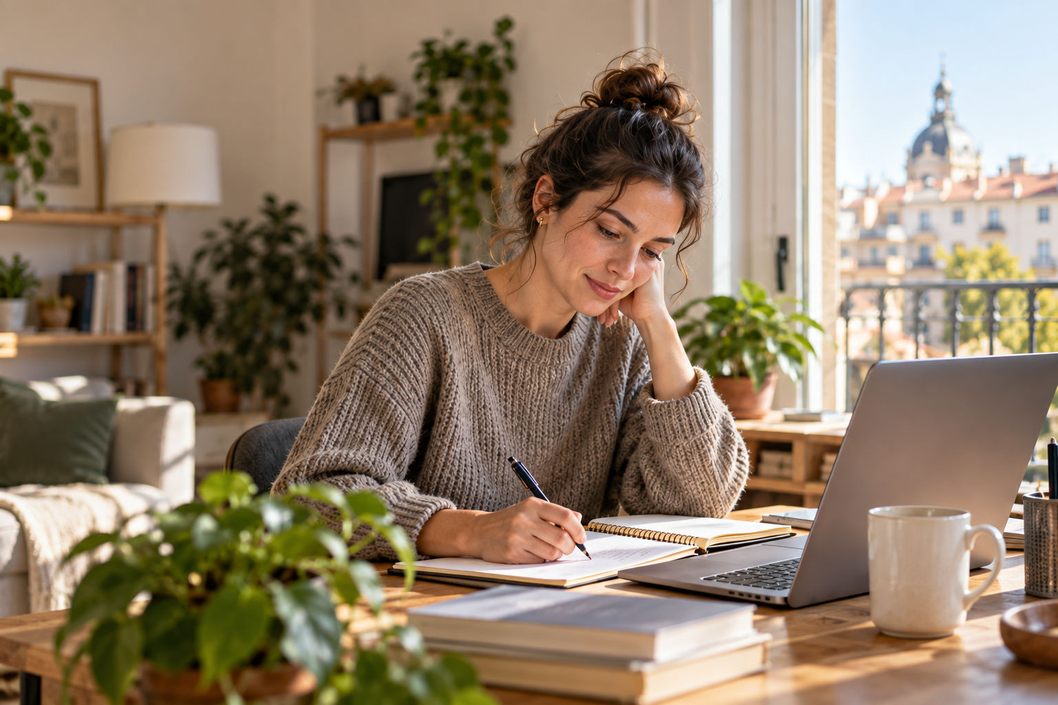 Mujer estudiando en un escritorio junto a un balcón, con cuaderno, portátil y luz de tarde.
